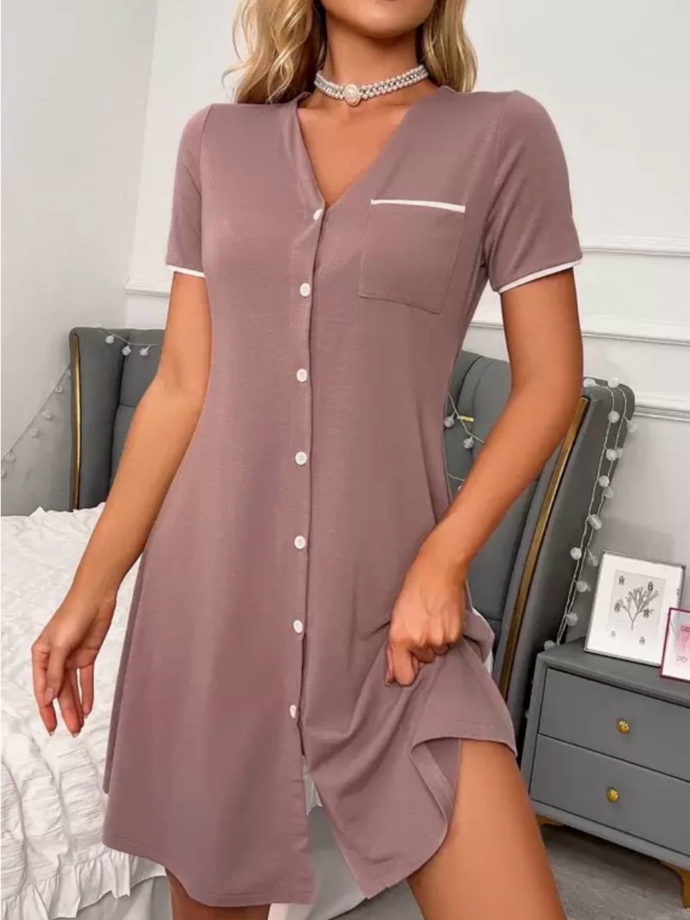 SHEIN Mauve Button-Front Short Sleeve Nightshirt with White Trim